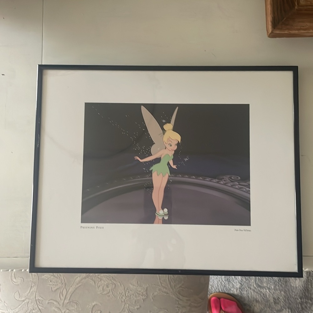 DISNEY TINKERBELL PREENING PIXIE FRAMED PRINT. PETER PAN